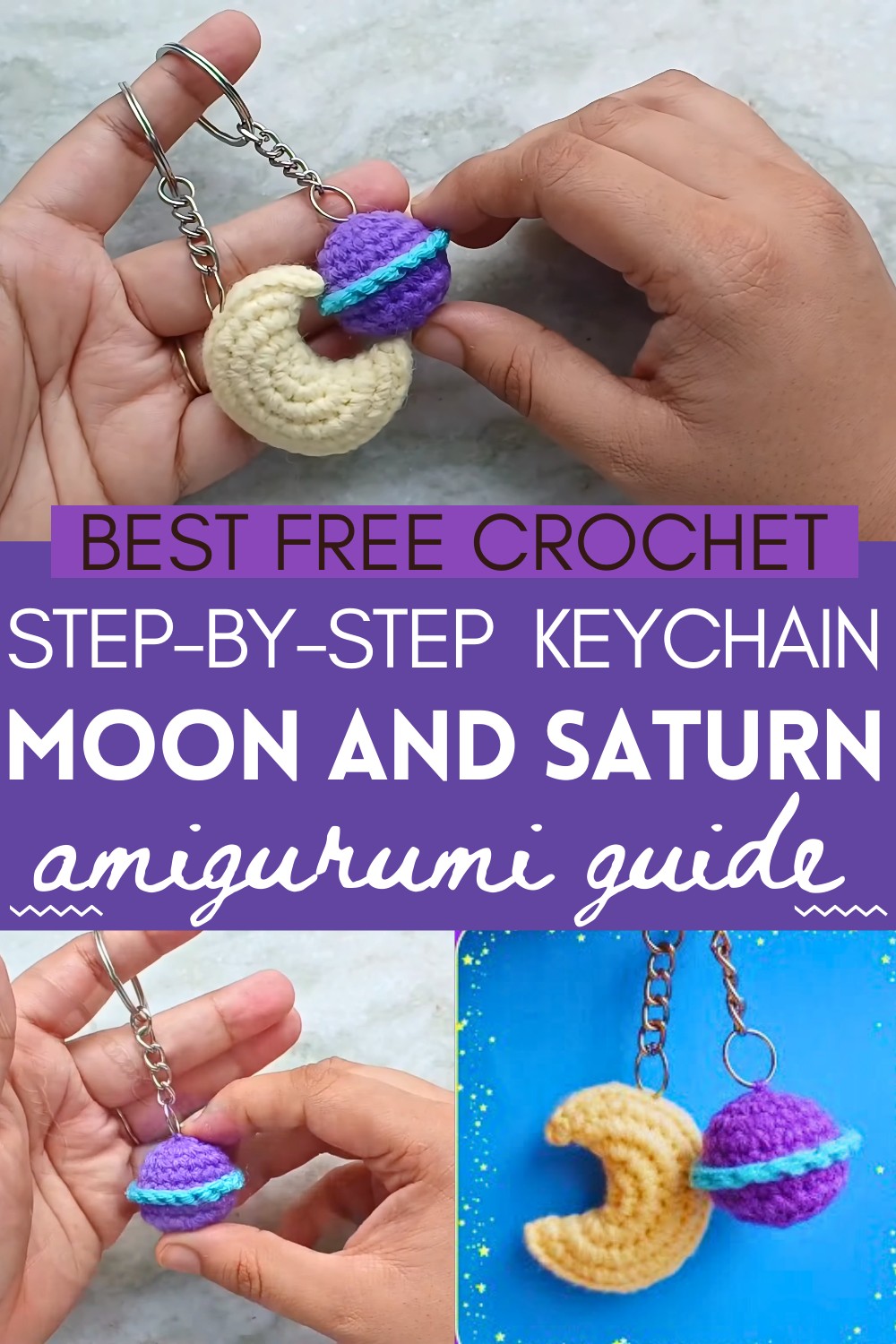 Moon and Saturn Cute Amigurumi Keychain