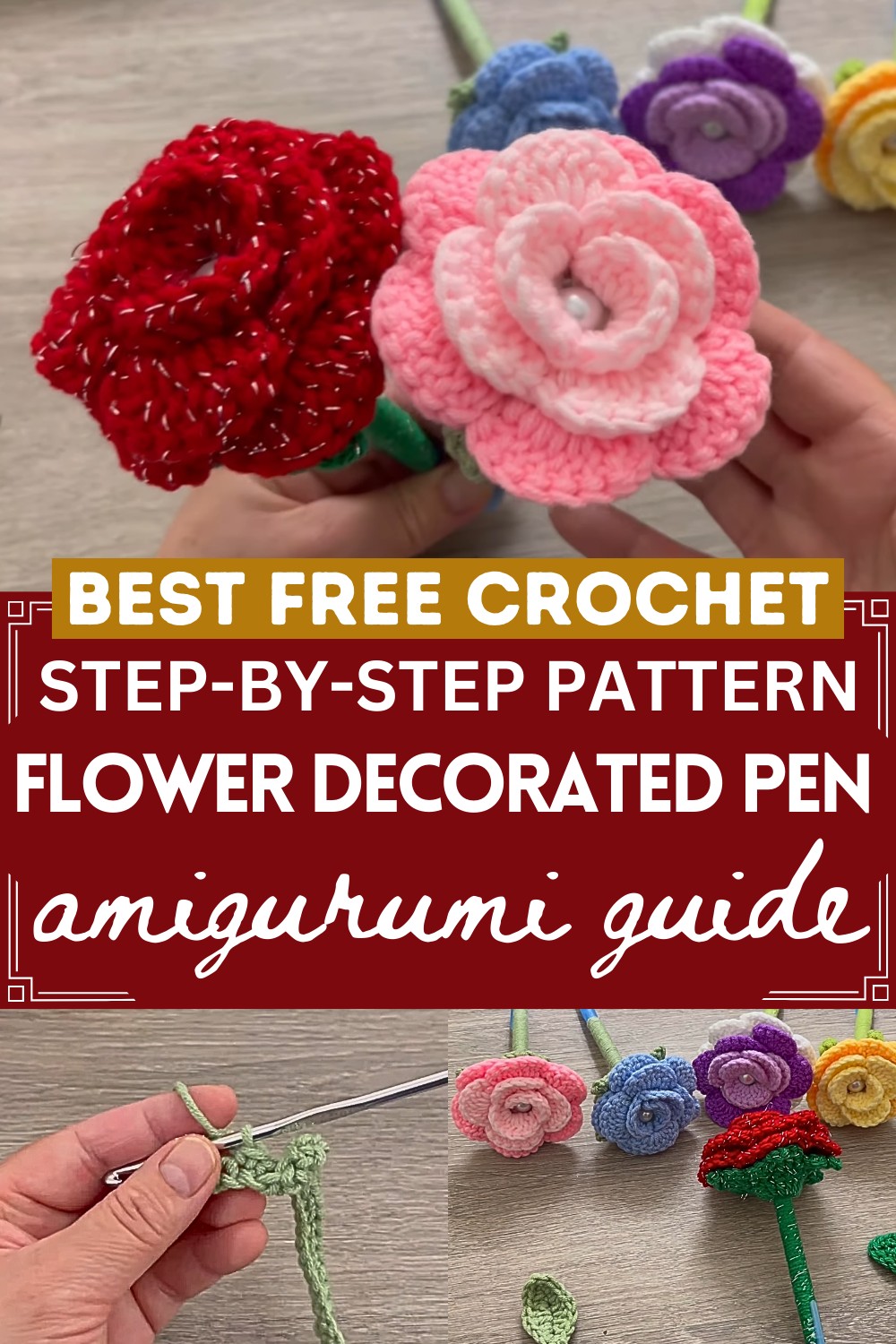 Easy Crochet Rose Flower Decorated Pen