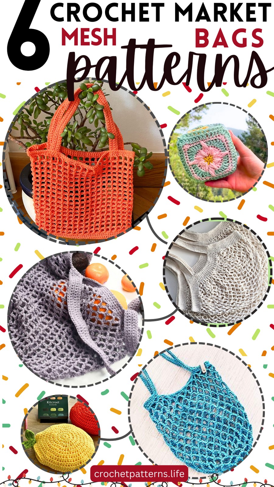 6 Mesh Market Bags for Grocery with Free Patterns